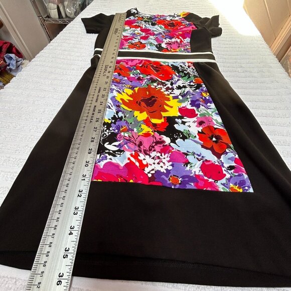 BCBGMaxazria Women's Floral Panel Black Sheath Dress Large Short Sleeve Zip Back - Picture 7 of 7